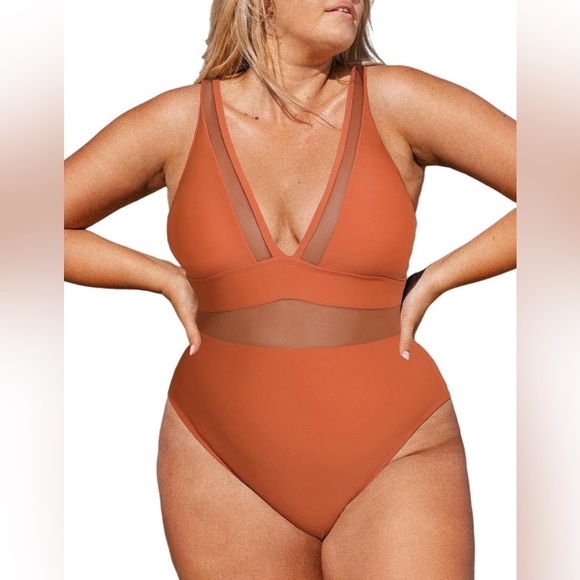 CUPSHE One Piece Swimsuit V Neck Mesh Tummy Control Adjustable Wide Strap 1X - Picture 1 of 10